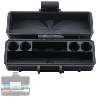 Black storage case with compartments on a white background