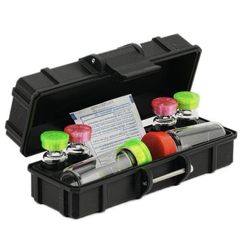 Black plastic case with colorful lids on bottles and a piece of paper inside