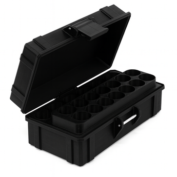 Black 16-slot 3 ml vial organizer, corner detail of moulded shell