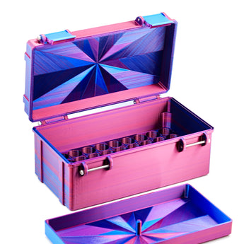 Metallic pink and blue vial box on a white background