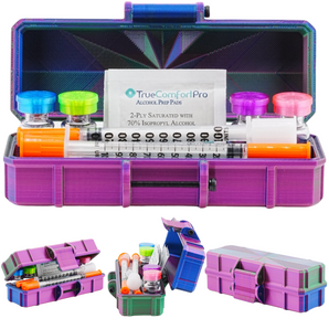 Purple and blue case with medical supplies including syringes and alcohol pads on a white background.