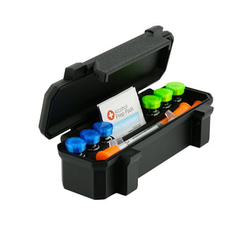 6-slot 3 mL vial case open showing precision-cut upright slots and accessory compartment