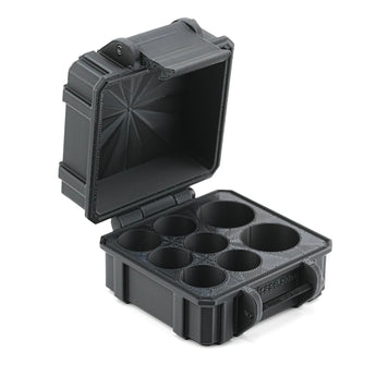 Black plastic container with compartments on a white background