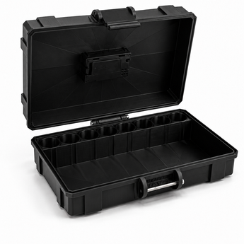 Black tool case with open lid on a white background