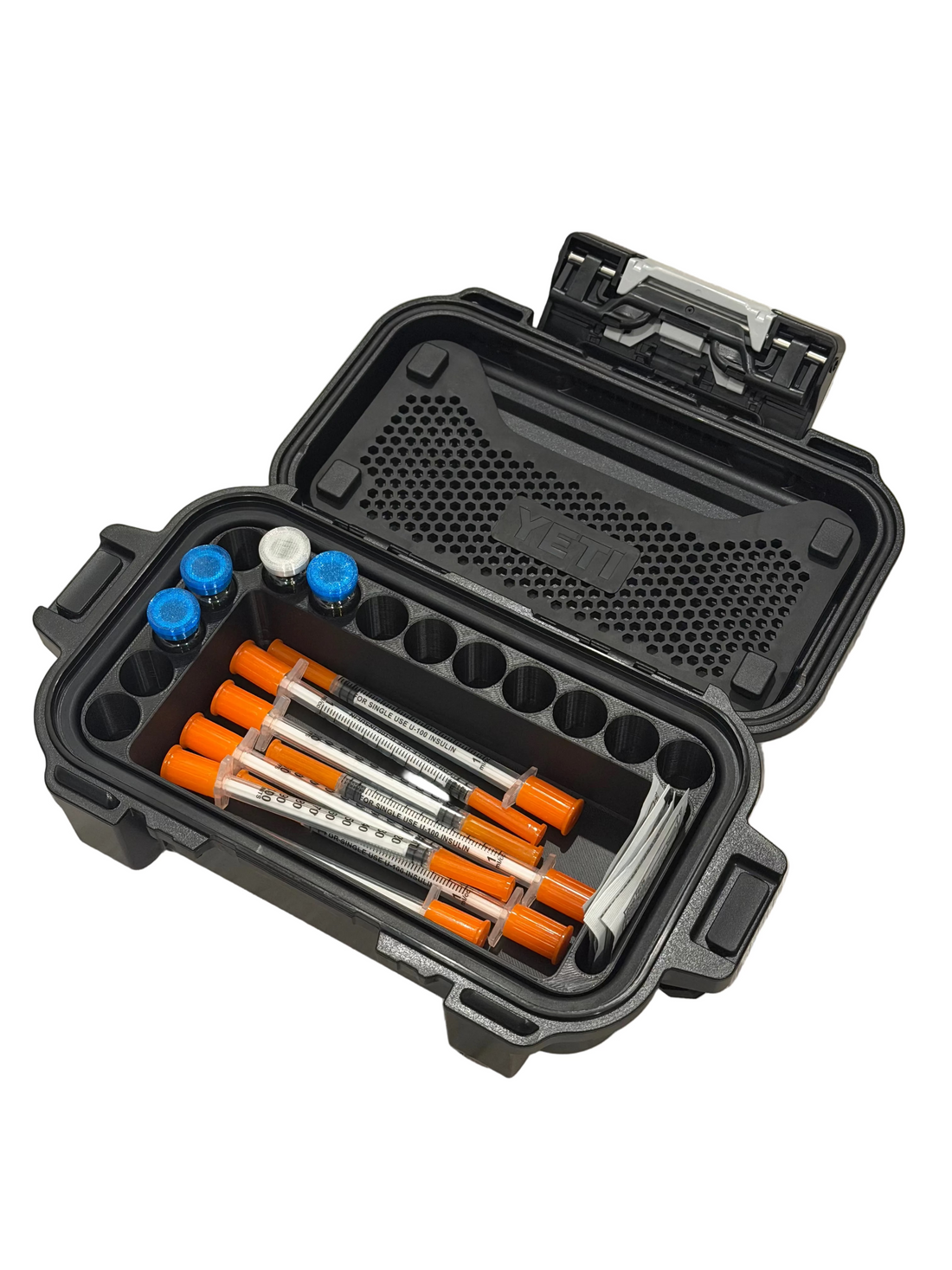 YETI LoadOut GoBox 1 insert holding 3 mL and 10 mL vials and syringes