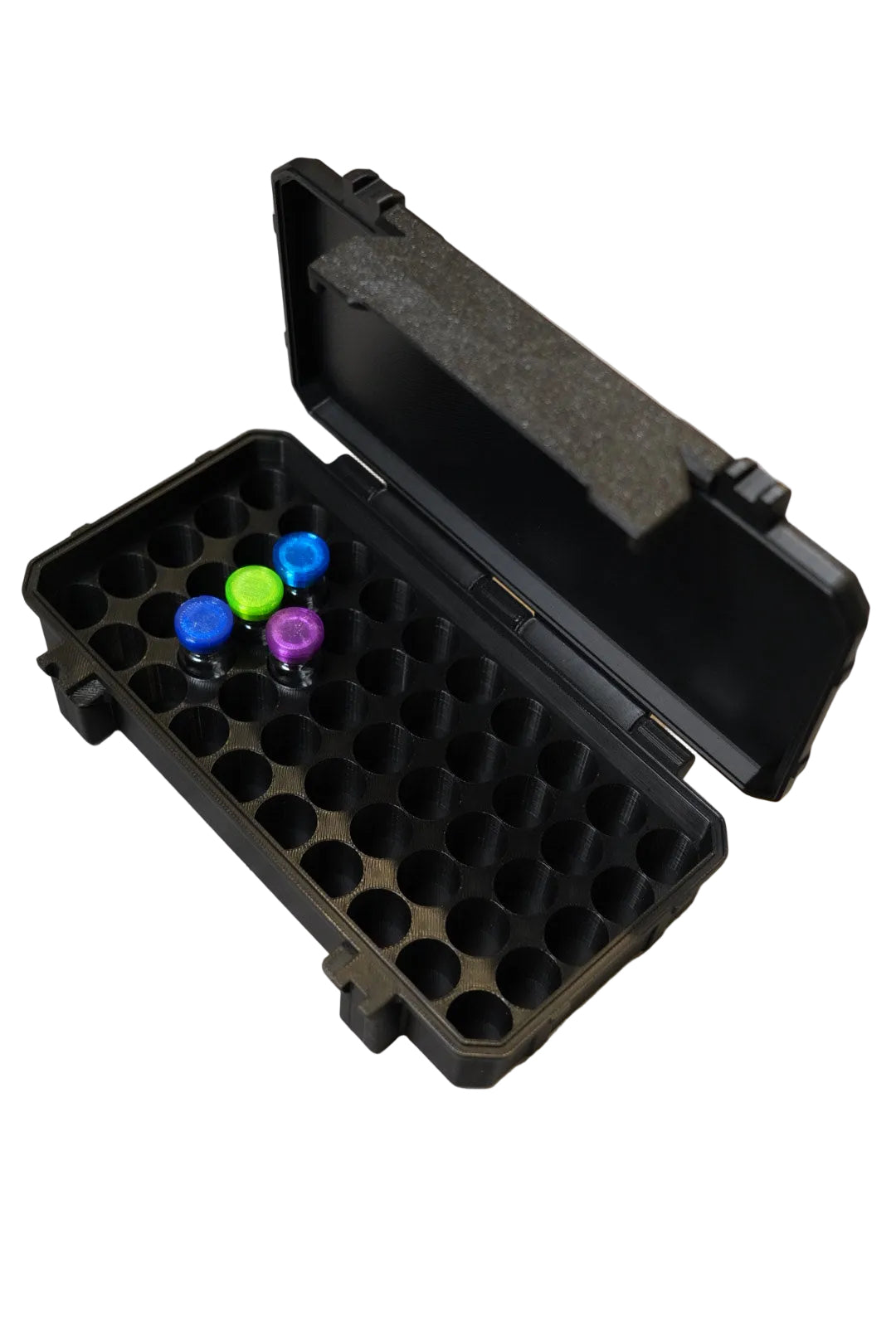 Black rugged 50-slot 3 mL vial case open with several capped vials in the slots