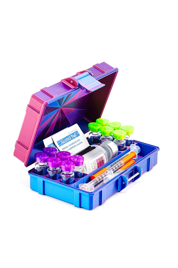 VialCase 12-Slot 3ml + BAC water case alongside a reverse osmosis water system for peptide reconstitution