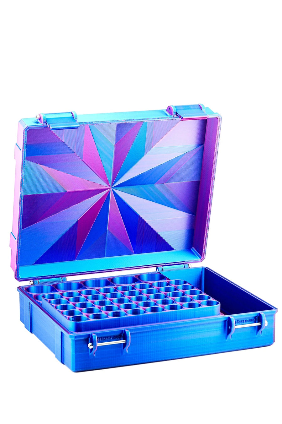VialCase Vial Vault Pro 50 organizing recovery peptide stack alongside an EMS muscle stim device