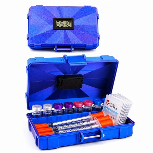 VialCase TempView protecting peptide stack alongside a vagus nerve stimulation device