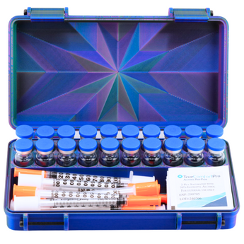Blue medical kit with vials and syringes on a white background