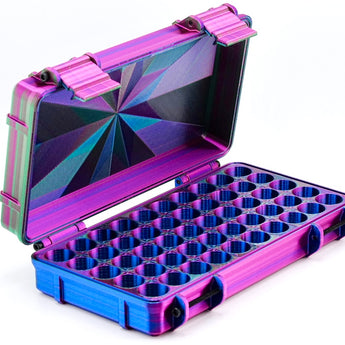 Multicolored metallic case with open lid on a white background