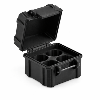 Black hard-shell travel case with open lid on a white background