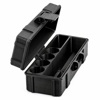 Black plastic vial container with compartments on a white background