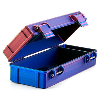 Blue and red syringe case on a white background