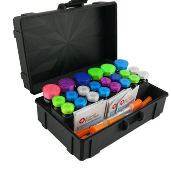 Pro Mini Vial Vault closed — 16 × 3 mL and 8 × 10 mL hard-shell combo case