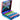 Set of colorful bottles in a blue and pink case with a geometric design on a white background
