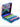 Set of colorful bottles in a blue and pink case with a geometric design on a white background