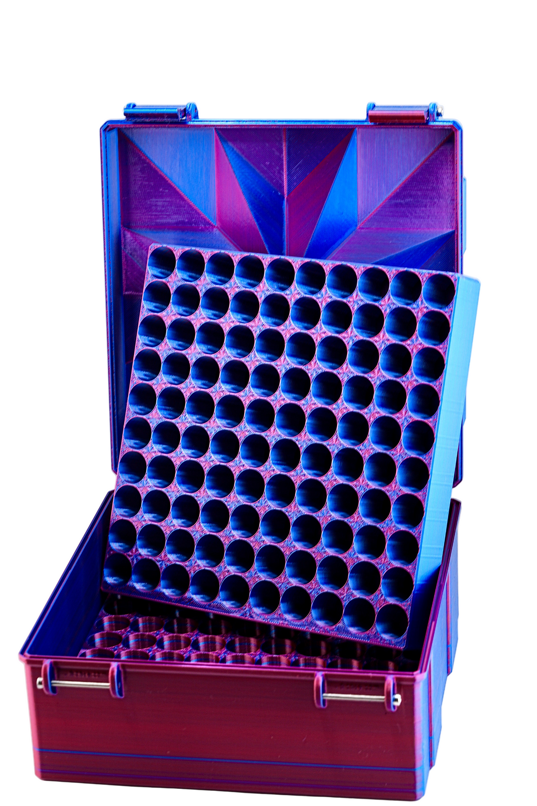 Blue and purple vial storage box with multiple compartments on a white background