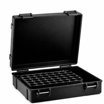 Black vial box with compartments on a white background