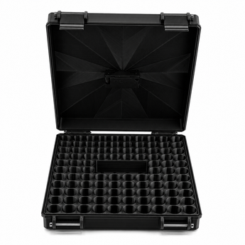 TempView 104-slot vial case closed — hard-shell exterior for safe bulk storage