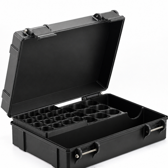 Black 16-slot 3 ml vial organizer, opened to reveal interior storage slots