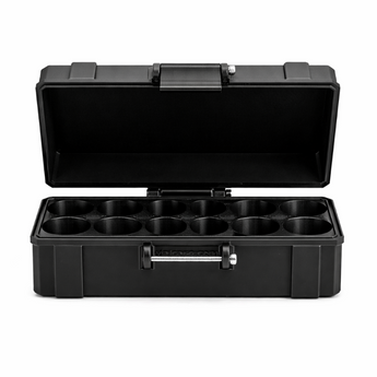 Black 10-slot 10 ml vial case, side view of case depth and hinges