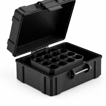 Black plastic case with compartments on a white background