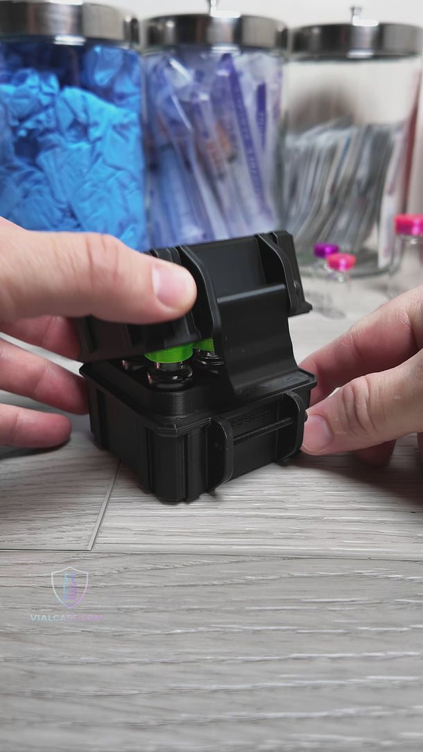 Video showing a vial storage case holding 6 x 3 mL vials and 2 x 10 mL vials with neon green vial caps.