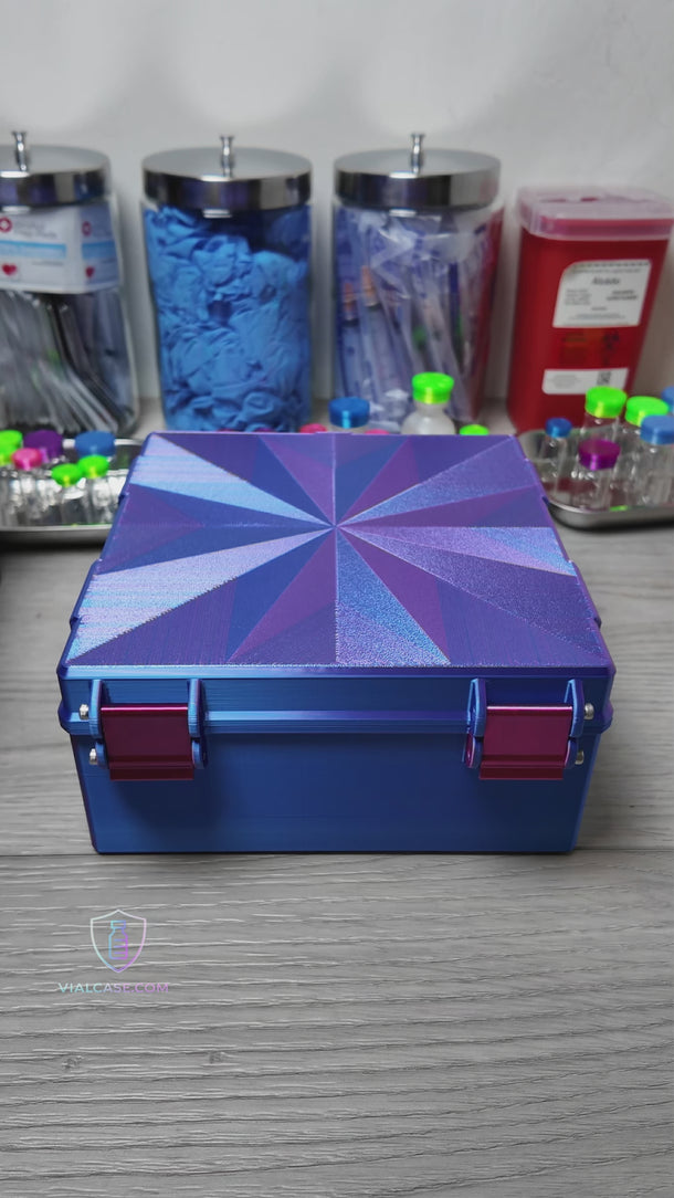Large storage case showing multiple stacked layers of vial trays with organized rows of small vials.