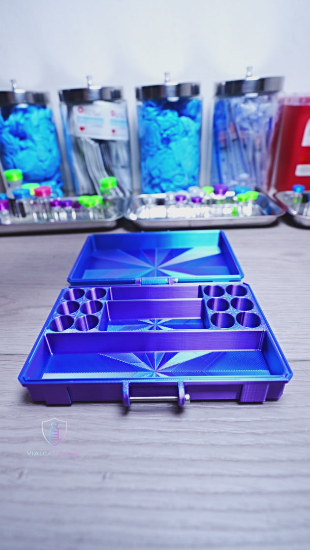 Messy drawer with vials, syringes, and prep pads scattered, followed by a clean hard case with organized slots holding vials and accessories.