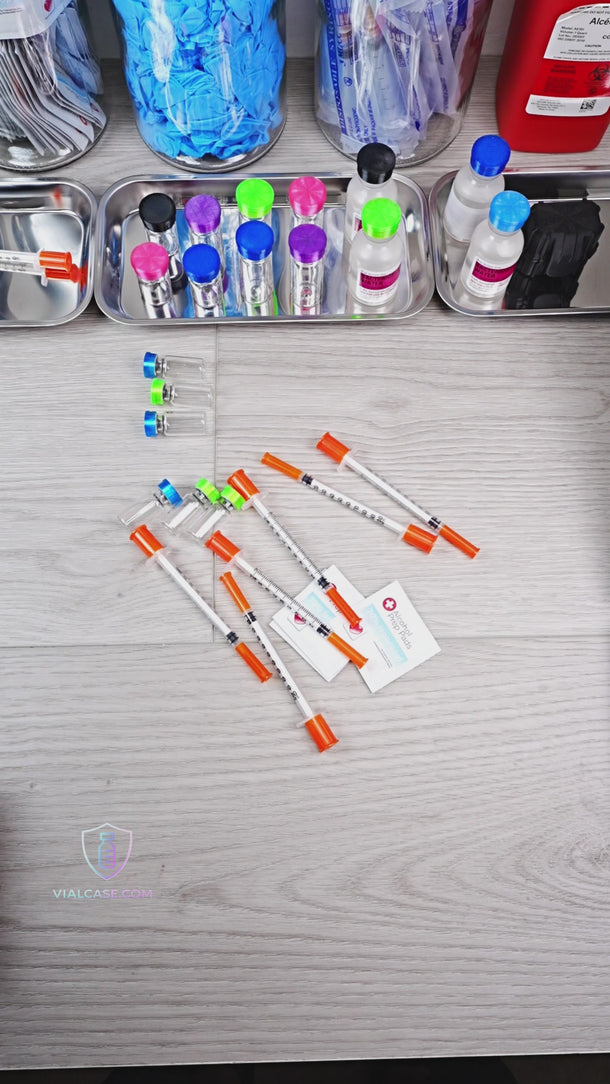 6-slot 3 mL vial case open showing precision-cut upright slots and accessory compartment