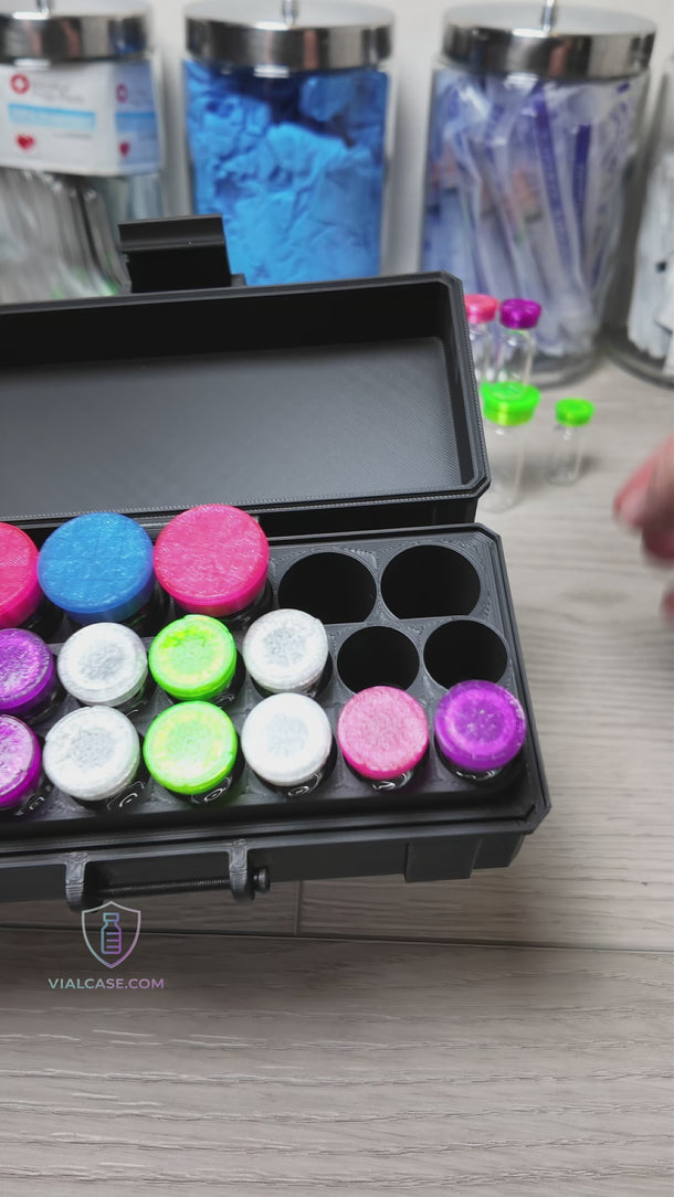 Mixed vial storage case video showing a hard-shell organizer with space for 16 x 3 mL vials and 6 x 10 mL vials, displayed for storage, organization, and travel use.