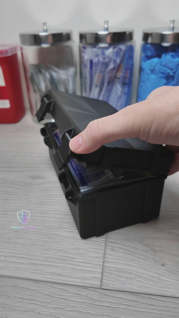 Video showing a modular hard-shell storage case with a precision-fit tray holding up to 50 x 3 mL vials in an organized layout for storage and travel use.