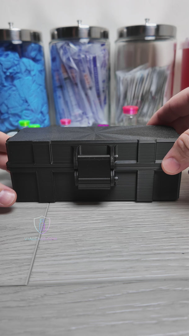 Video showing a hard-shell storage case holding 4 x 10 mL vials in an organized, compact layout for storage and travel use.