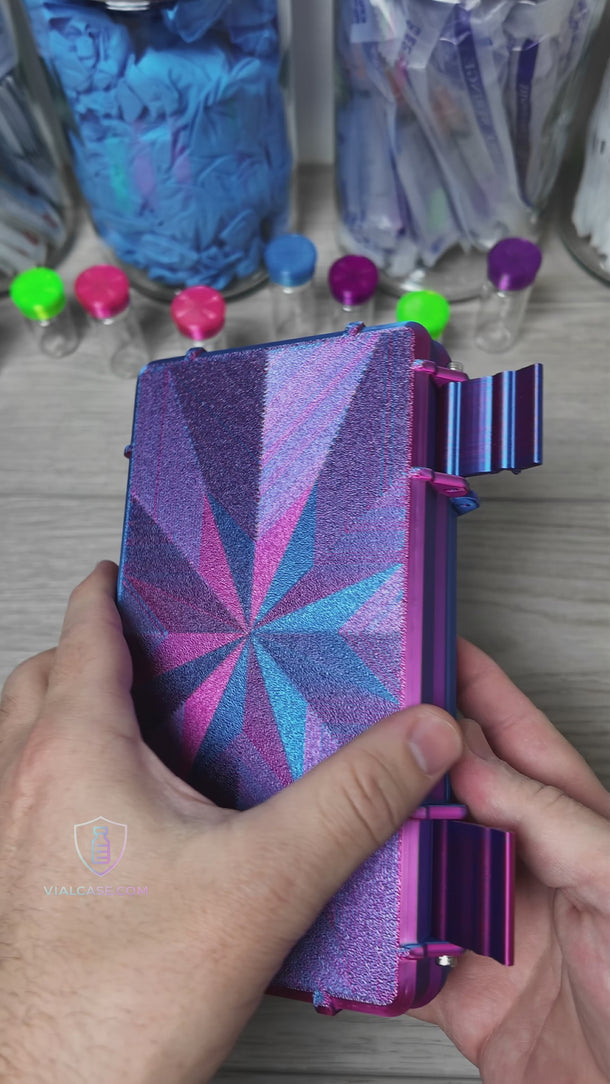 Red Blue hard-shell carrying case video on a grey background